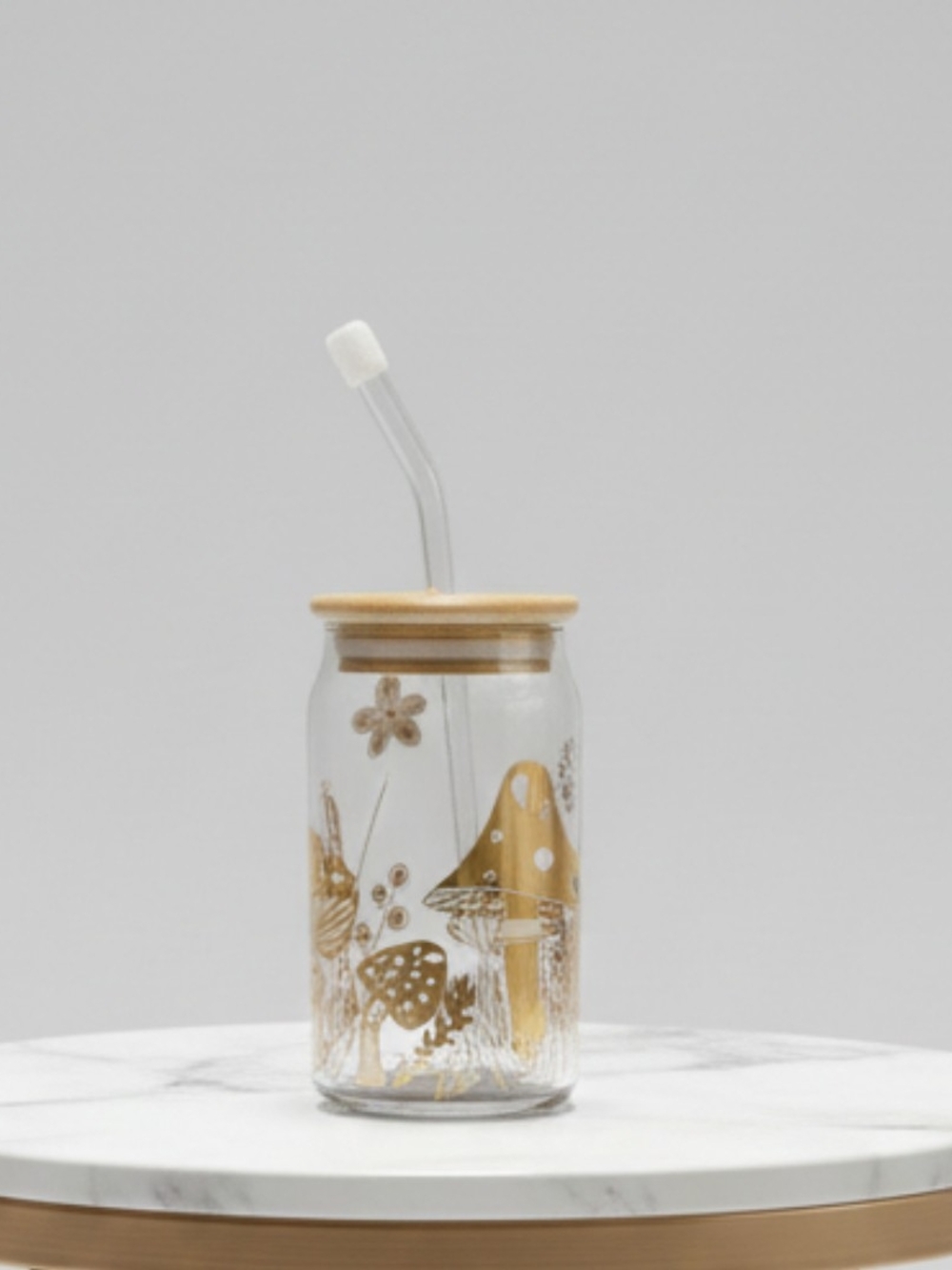 Glass Straw Tumbler with Gold Mushroom Design